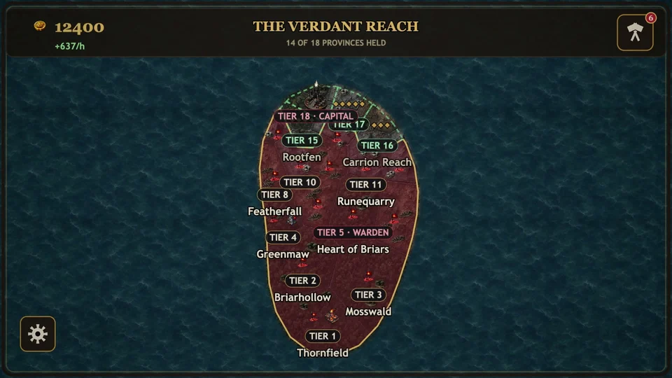 WORLDTAKER war table: fourteen of eighteen provinces held